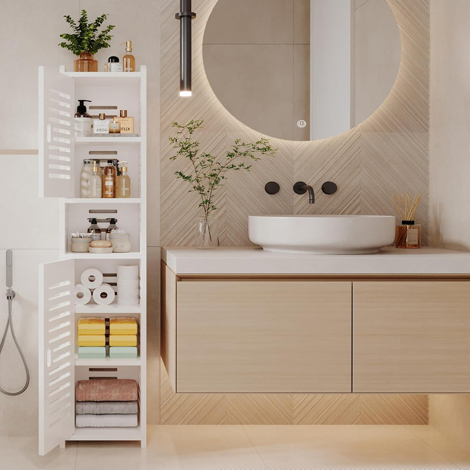 Dripex 7 Tier Tall Bathroom Floor Cabinet, 20W x 20D x 118H cm, Slim White Storage Cabinet with Door, Narrow Free Standing Cupboards Adjustable Shelves for Bathroom or Bedroom