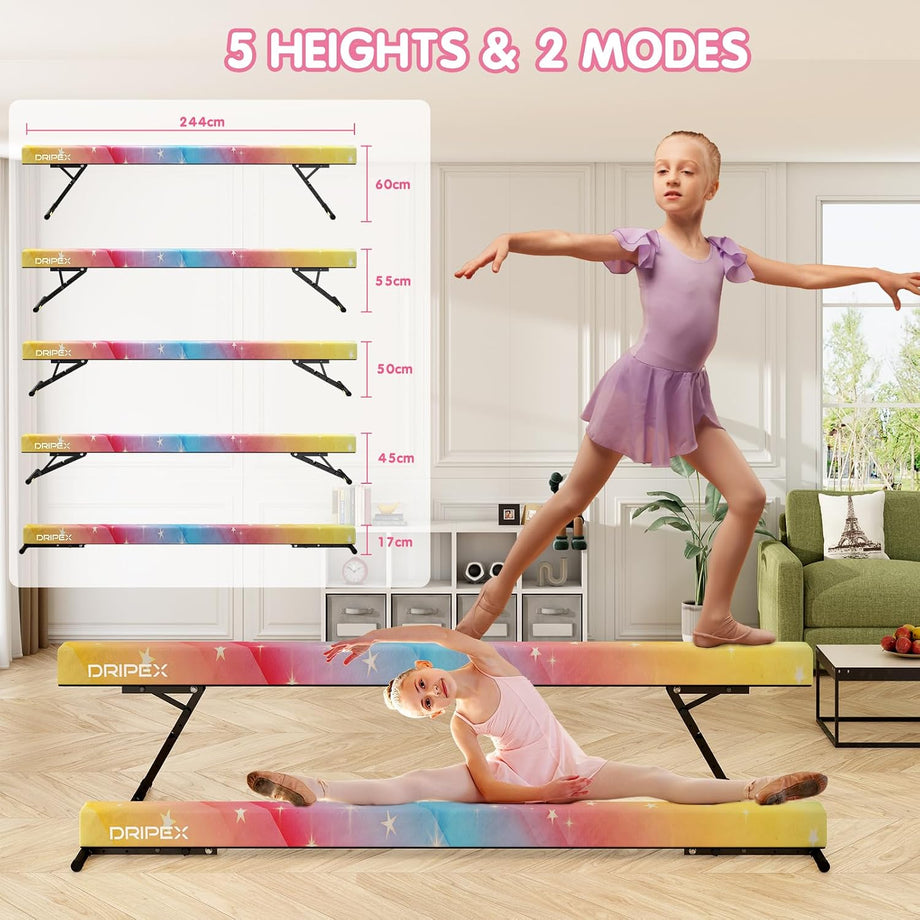 Dripex Adjustable Gymnastic Balance Beam 244cm, Kids Training Equipment | Height Adjustable, Soft Material, Non-Slip, Comfortable, Stable, Safe, Ideal for Home Gym, Practice and Training