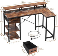 Dripex L Shaped Desk with Power Outlet Corner Computer Desk with Storage Shelves & Fabric Drawer, Study Writing Table Gaming Desk for Home Office L120 x W80 x H88cm