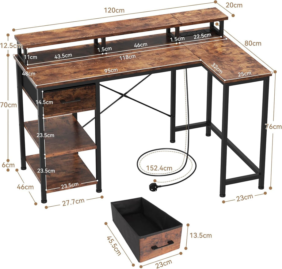 Dripex L Shaped Desk with Power Outlet Corner Computer Desk with Storage Shelves & Fabric Drawer, Study Writing Table Gaming Desk for Home Office L120 x W80 x H88cm