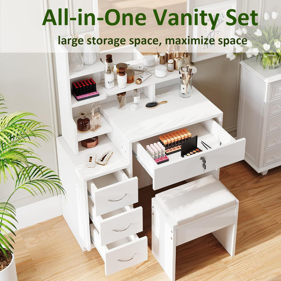 Dripex White Dressing Table with Large Wide Mirror & Soft Stool, Vanity Desk Set with Open Storage Shelves, 4 Wooden Drawers, Makeup Desk, Spacious Storage