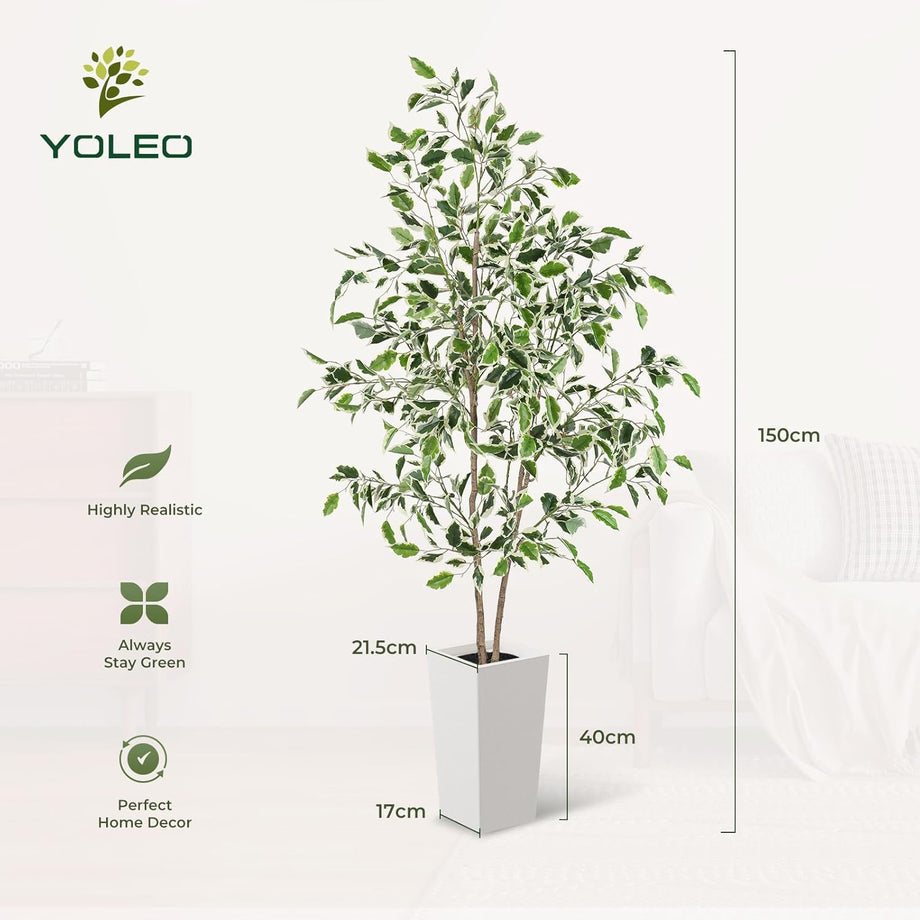 YOLEO 5FT Artificial Ficus Tree with White Tall Planter, Lifelike Fake Silk Tree Indoor, Faux Ficus Tall Plant for Living Room Bedroom Balcony Corner Office Decor