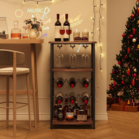 Dripex Wine Rack Free Standing Floor with Glass Holder, Storage Shelves, 2-Tier 6 Bottles Wine Display Shelves with Wooden Table Top, Sturdy Metal Bottle Holder for Kitchen Bar Pantry