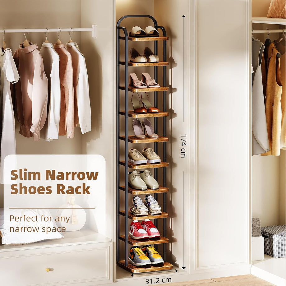 Dripex Adjustable Narrow Shoe Rack Organizer, Space Saving Vertical Tall Shoe Shelf, Sturdy Multifunctional Entryway Hallway Living Room Storage Shelf Rustic Brown