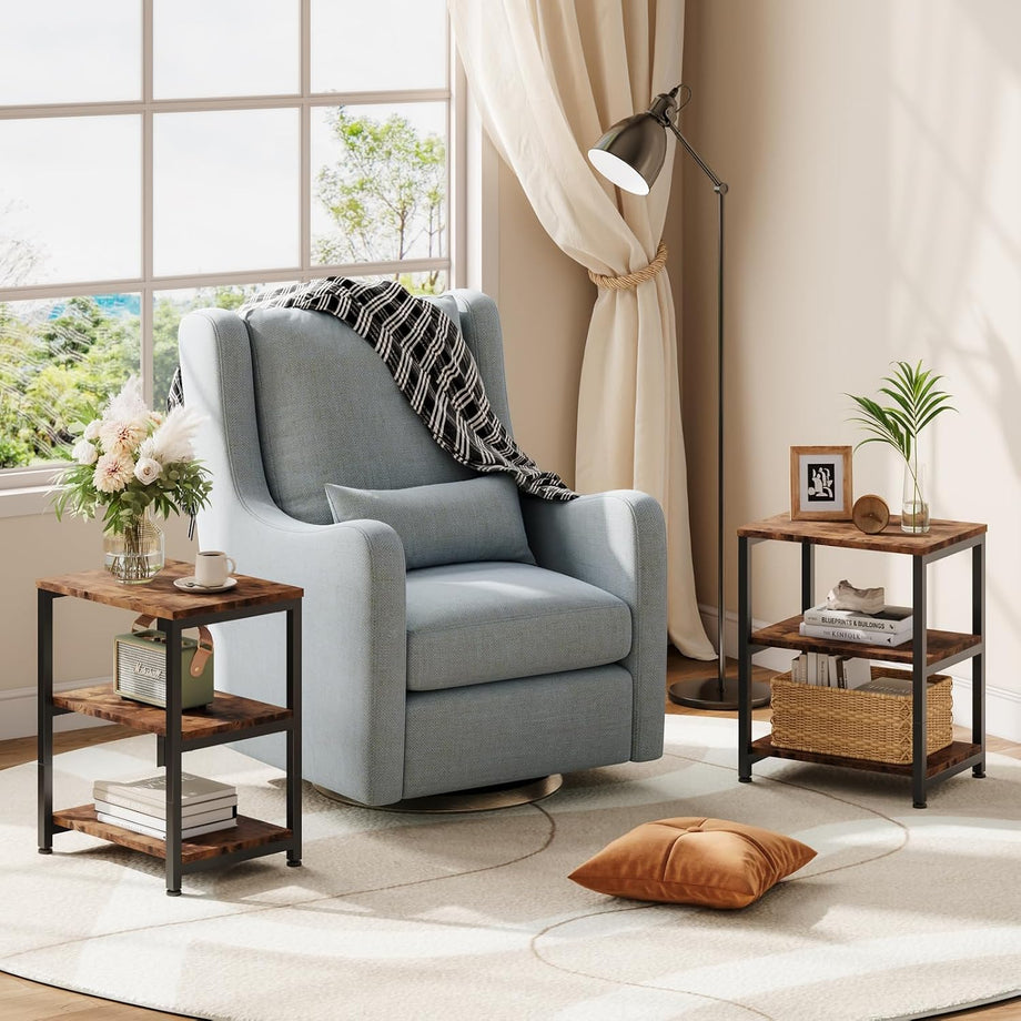 Dripex Living Room End Table, 3-Tier Wooden Narrow Nightstand, Bedside Table with Steel Frame, Slim Coffee Table Small Spaces, Storage Sofa Side Table for Bedroom or Office