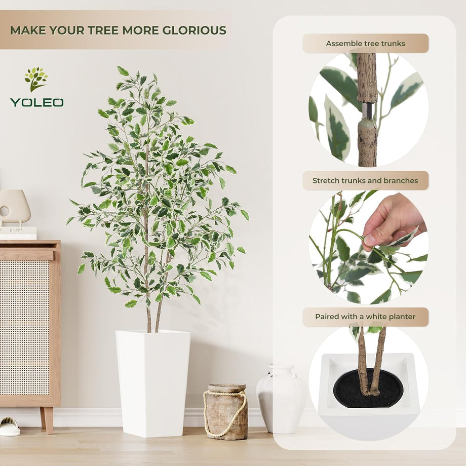 YOLEO 5FT Artificial Ficus Tree with White Tall Planter, Lifelike Fake Silk Tree Indoor, Faux Ficus Tall Plant for Living Room Bedroom Balcony Corner Office Decor