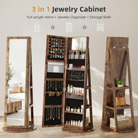 Dripex Jewelry Organiser Mirror Wardrobe, 360° Swivel Jewelry Storage, Lockable, 3 in 1 Free Standing Mirror with Storage Shelves