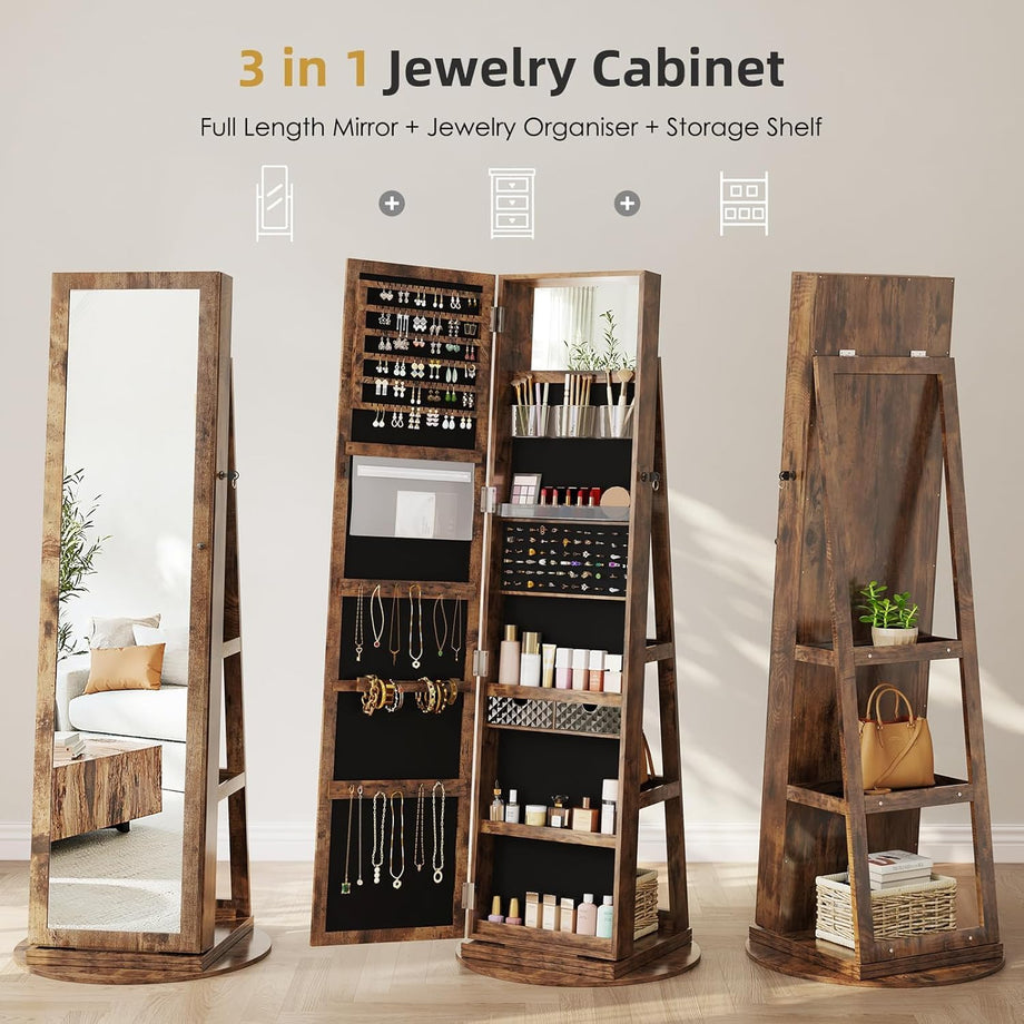 Dripex Jewelry Organiser Mirror Wardrobe, 360° Swivel Jewelry Storage, Lockable, 3 in 1 Free Standing Mirror with Storage Shelves