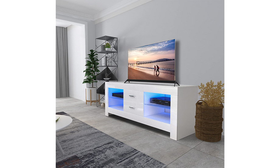 Dripex 130cm LED TV Stand Cabinet with Drawer & Shelves, Modern Entertainment Unit for 22''-52'' TVs, White Cream