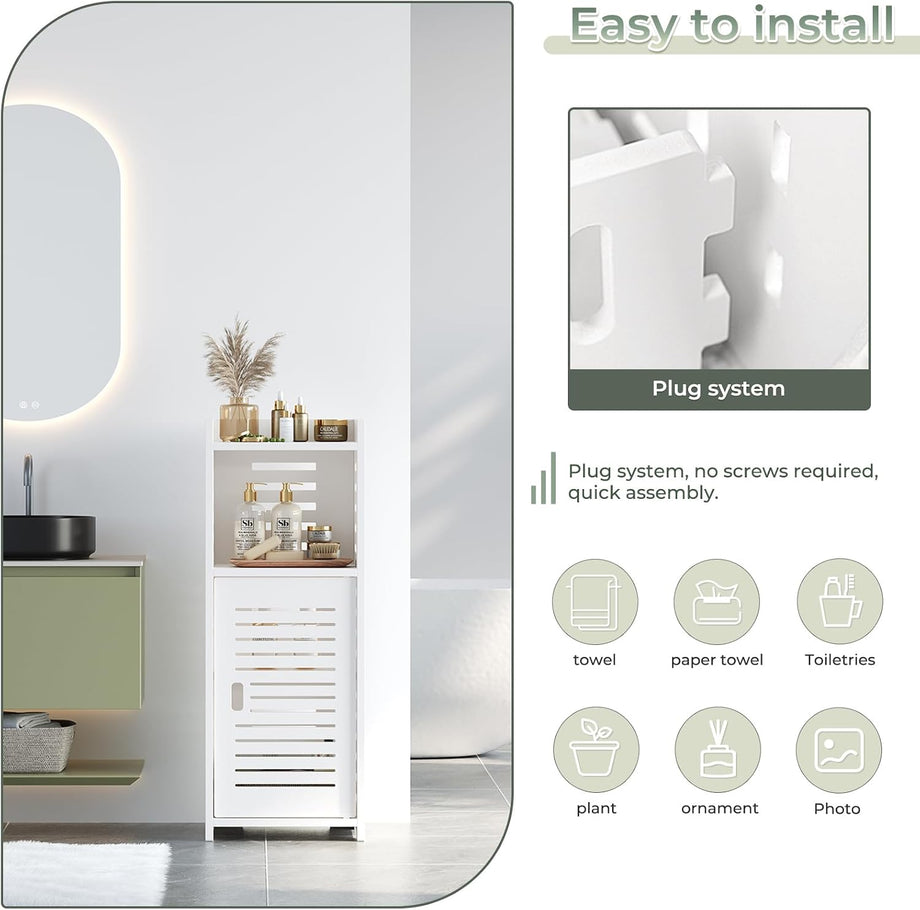 Dripex 4 Tier Bathroom Floor Cabinet, 30W x 30D x 80H cm, White Storage Cabinet with Door, Narrow Free Standing Cupboards Adjustable Shelves for Bathroom or Bedroom