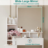 Dripex White Dressing Table with Large Wide Mirror & Soft Stool, Vanity Desk Set with Open Storage Shelves, 4 Wooden Drawers, Makeup Desk, Spacious Storage