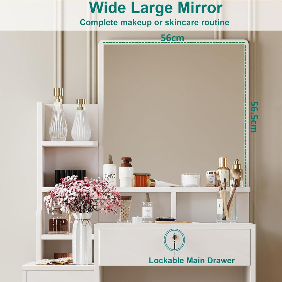 Dripex White Dressing Table with Large Wide Mirror & Soft Stool, Vanity Desk Set with Open Storage Shelves, 4 Wooden Drawers, Makeup Desk, Spacious Storage
