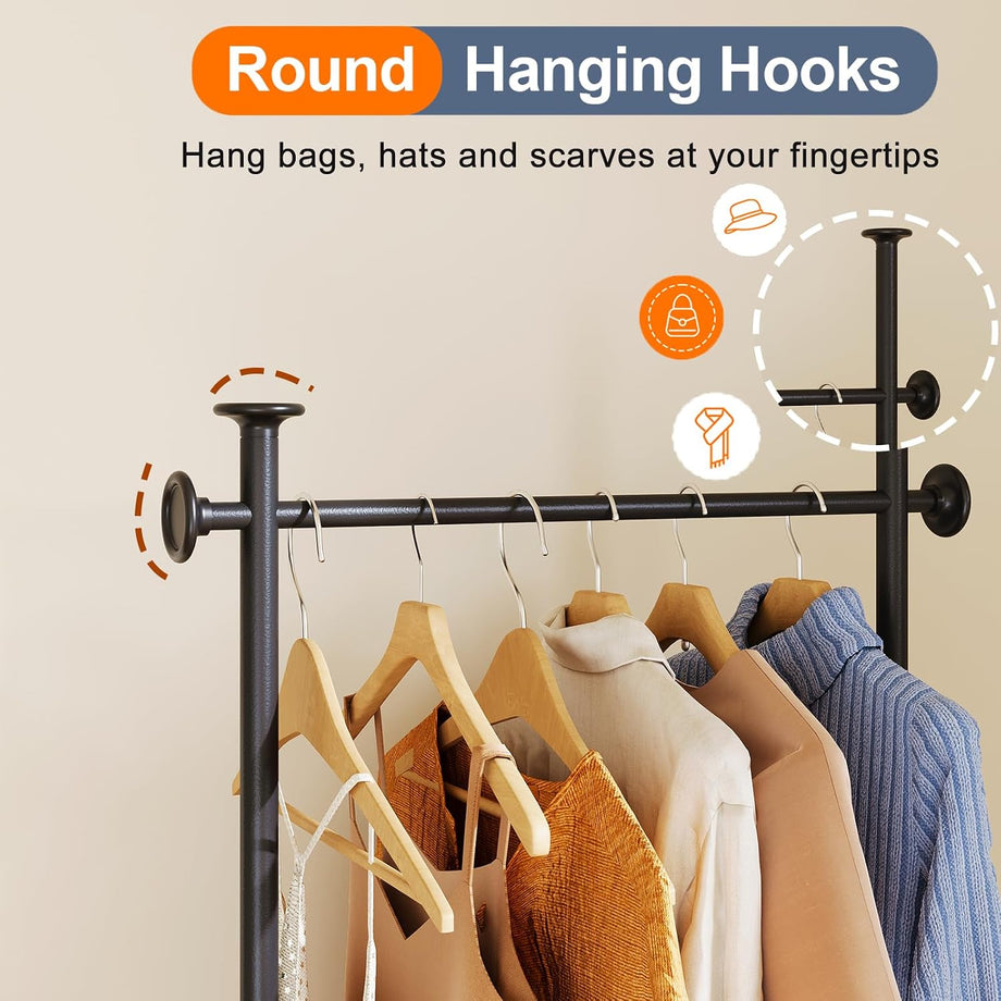 Dripex Clothes Rail, Hall Tree, Freestanding Coat Rack with Wooden Storage Shelf, 4 Hooks, Compact Clothes Organiser Garment Stand for Home Hallway Bedroom W51 x D39 x H157cm