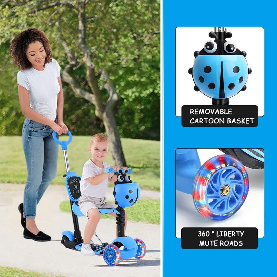 Dripex 5-in-1 Kids Scooter Toddler Scooter with Flashing Led Light Up Wheels 3 Wheels Kick Scooter with Adjustable Handlebar Removable Seat and Push Handle