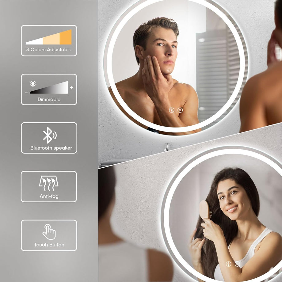Dripex Bluetooth Round LED Bathroom Mirror, Illuminated Circle Bathroom LED Mirror with Speaker, Anti-fog, Wall Mounted, 3 Lighting Modes, Dimmable, Front+Backlit, IP44