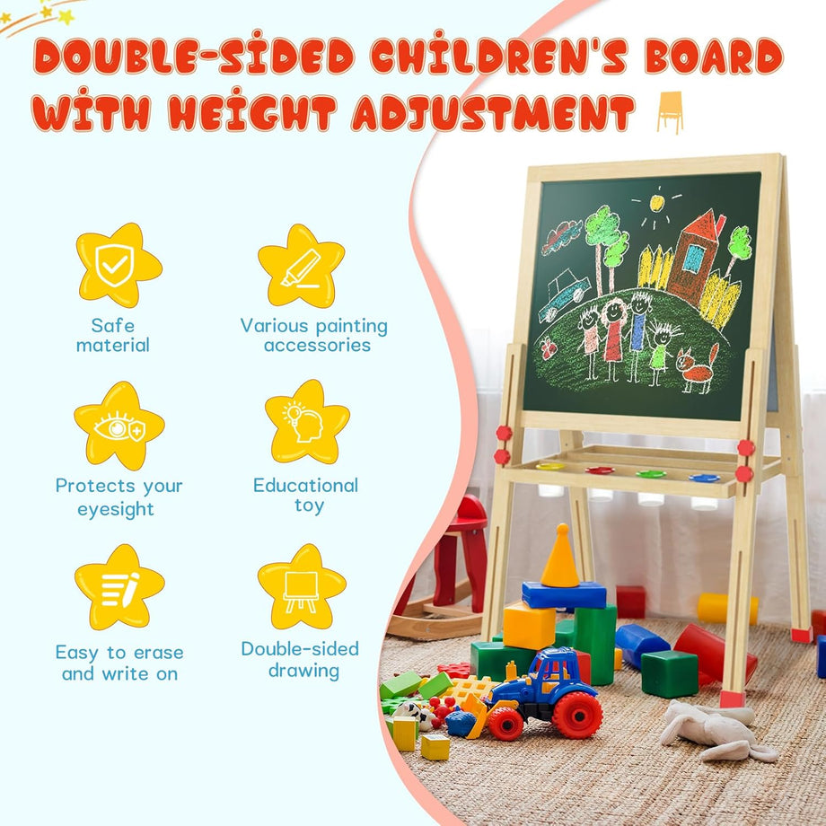 Dripex 55 x 55cm/65 x 65cm Kid’s Wooden Art Easel, Double-Sided Height Adjustable Painting Blackboard with Magnetic Accessories Chalk and Sponge for Toddlers and Kids