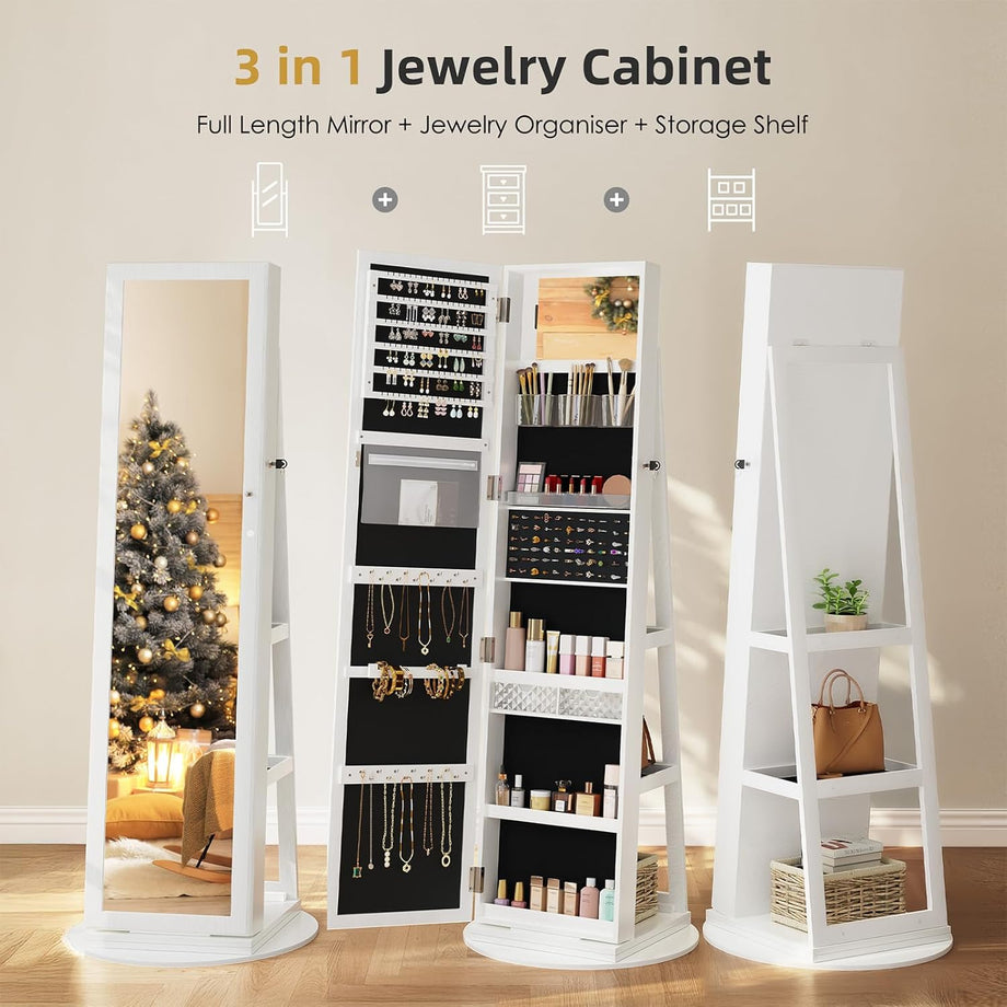 Dripex Jewelry Organiser Mirror Wardrobe, 360° Swivel Jewelry Storage, Lockable, 3 in 1 Free Standing Mirror with Storage Shelves