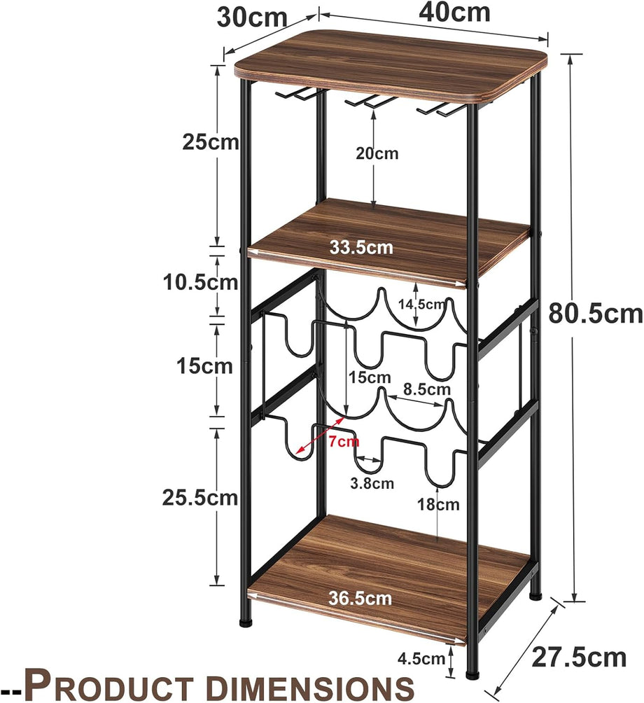Dripex Wine Rack Free Standing Floor with Glass Holder, Storage Shelves, 2-Tier 6 Bottles Wine Display Shelves with Wooden Table Top, Sturdy Metal Bottle Holder for Kitchen Bar Pantry