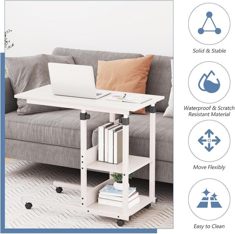 Dripex C Shaped Side Table, 80 x 40 x 68-89 cm Height Adjustable Overbed table with Wheels, Sofa Bedside Laptop Table with 2 Tiers Storage Shelves, Coffee Snack Table for Living Room, Bedroom