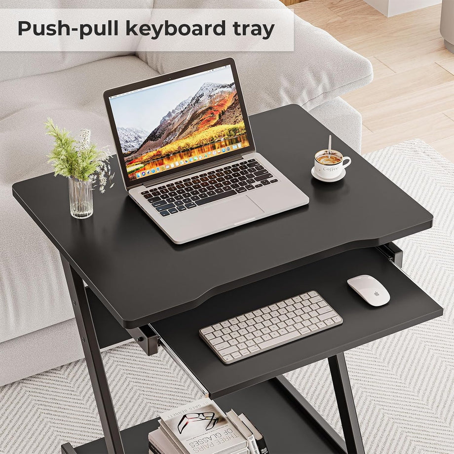 Dripex 60 x 48 x 73cm Mobile Computer Desk Z-Shaped with Sliding Keyboard Wood PC Table Laptop Desk Furniture Study Workstation for Home Office, Black