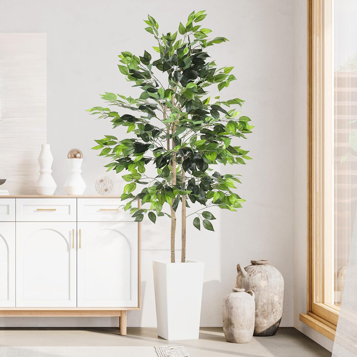 5FT 6FT Artificial Ficus Tree Tall Planter Lifelike Fake Silk Tree Indoor Faux Ficus Tall Plant Living Room Bedroom Balcony Corner Office Decor