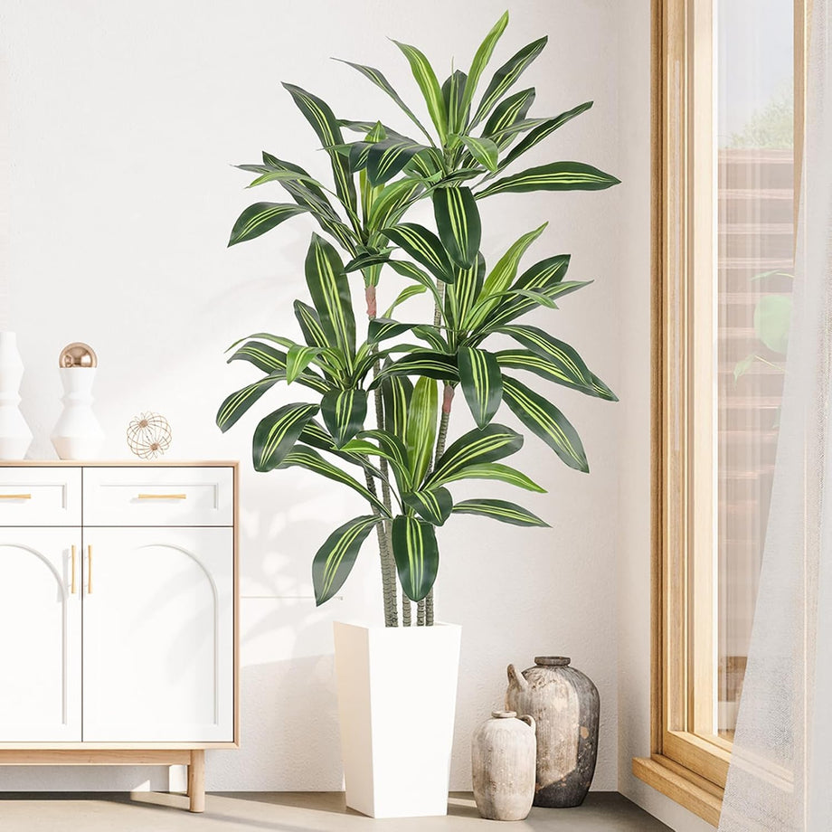 YOLEO 5FT/6FT Artificial Dracaena Tree with White Tall Planter, Lifelike Fake Silk Tree Indoor, Faux Dracaena Tall Plant for Living Room Bedroom Balcony Corner Office Decor