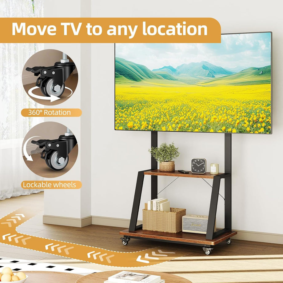 Dripex Mobile TV Stand on Wheels for 32-70 Inch TVs, Adjustable Height TV Cart with Bracket Mount max VESA 600x500mm max 80kgs with 2 Tier Storage Shelves for Bedroom, Living Room, Home Gym