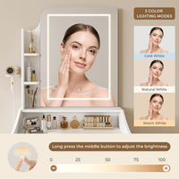 Dripex Dressing Table Set with LED Lighting Mirror, With/Without Power Outlet, 3 Light Colors, Adjustable Brightness, Vanity Table with Stool, Wooden Drawer, Storage Shelves, Compact White Makeup Desk