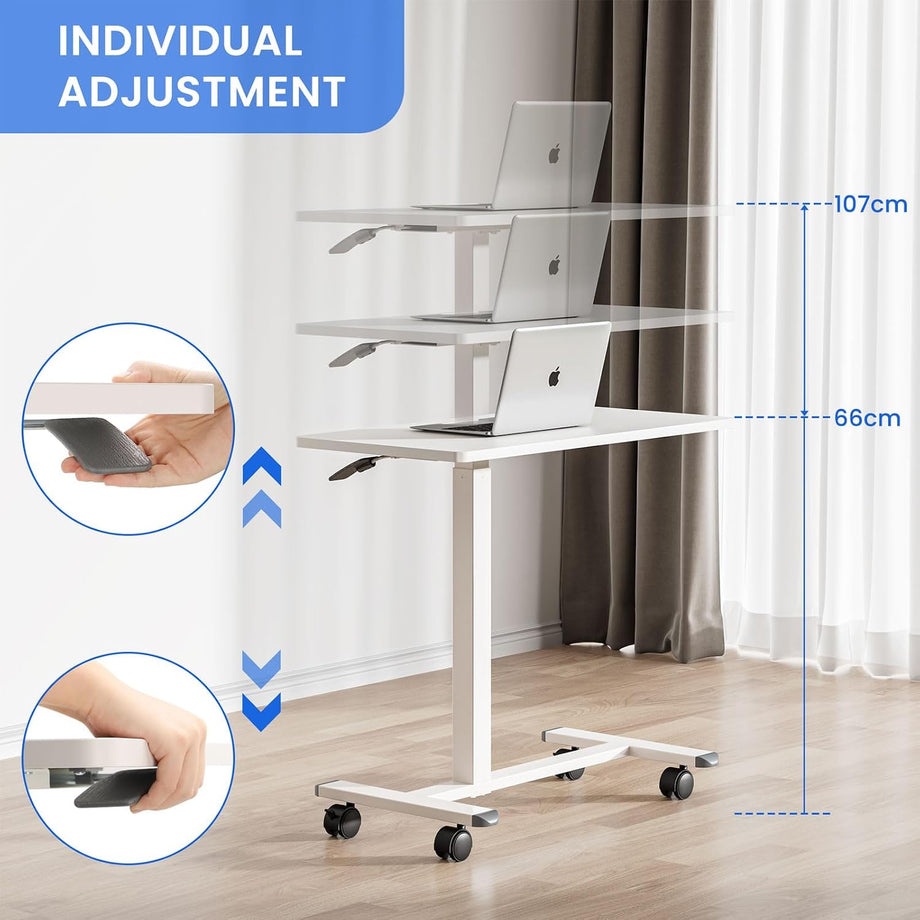 Dripex Pneumatic Height Adjustable Overbed Bedside Table with Wheels, 80 × 40 cm Standing C Shaped Laptop Desk, Small Rolling Bed & Sofa Side Table for Bedroom Living Room