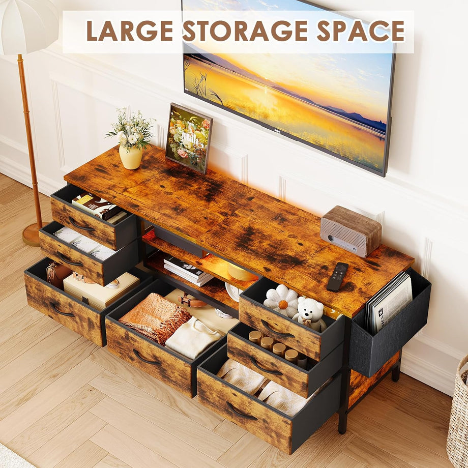 Dripex 120 x 35 x 50cm TV Cabinet Stand Unit for TVs up to 55 Inches with 7 Drawers Storage Organizers and Open Shelves with RGB LED Lighted TV Gaming Entertainment Center for Living Room