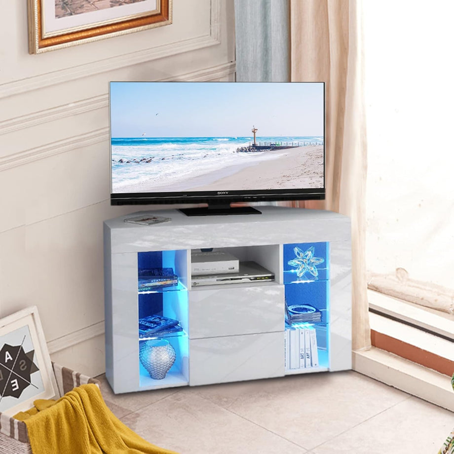 Dripex 100cm Corner TV Unit Entire Front High Gloss TV Stand Cabinet Cupboard Storage Furniture for Home Living Room Bedroom with RGB Lights for 32 40 45 50 inch TV - White