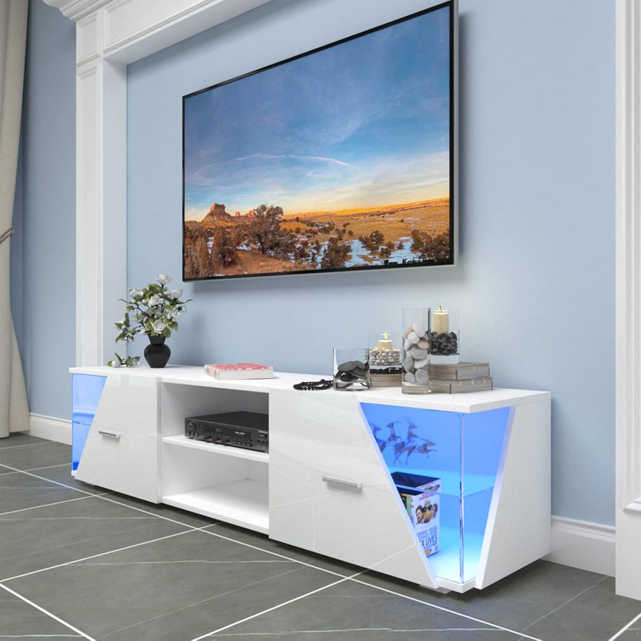 Dripex 150cm High Gloss TV Cabinet Stand, Modern TV Unit with LED light Entertainment Unit Cupboard with Storage Furniture for Living Room Bedroom for 32 40 43 50 55 60 65 inch 4k TV, White
