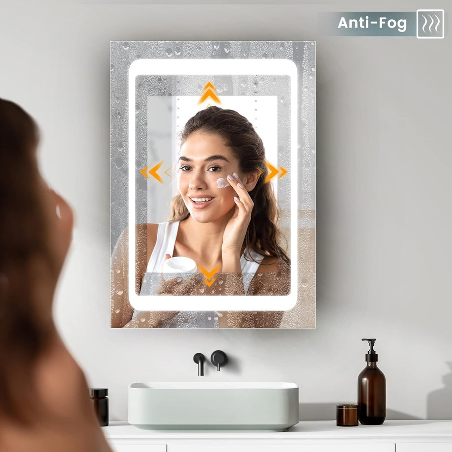 Dripex LED Bathroom Mirror Cabinet, Bathroom Mirror Cabinet with LED Lights Shaver Socket and Demister Pad, Non-contact Sensor Switch, White/Left hinge