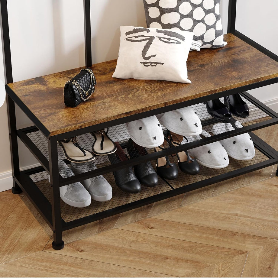 Dripex Large Coat Rack Stand Industrial Coat Stand with 12 Hooks and Shoe Bench Clothes Hat Rack Shelf Metal Frame for Bedroom Living Room Hallway