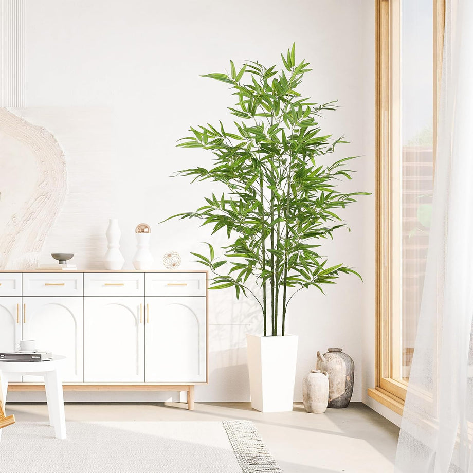 YOLEO 5FT/6FT Artificial Bamboo Tree with White Tall Planter, Lifelike Fake Silk Tree Indoor, Faux Bamboo Tall Plant for Living Room Bedroom Balcony Corner Office Deco
