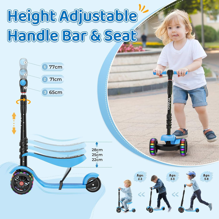 YOLEO Kids Three Wheel Kick Scooter with Removable Seat, LED Flashing Wheels, Height Adjustable Scooter