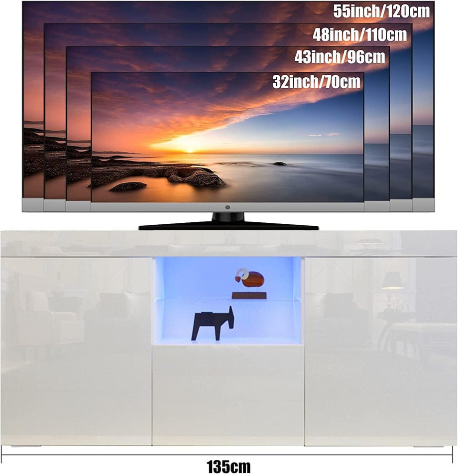 Dripex 135cm LED TV Cabinet Modern Tall TV Stand with Ambient lights Entertainment Unit Cupboard with Storage Furniture for Living Room for 22”-55” TV Entire Front High Gloss White, Home Office