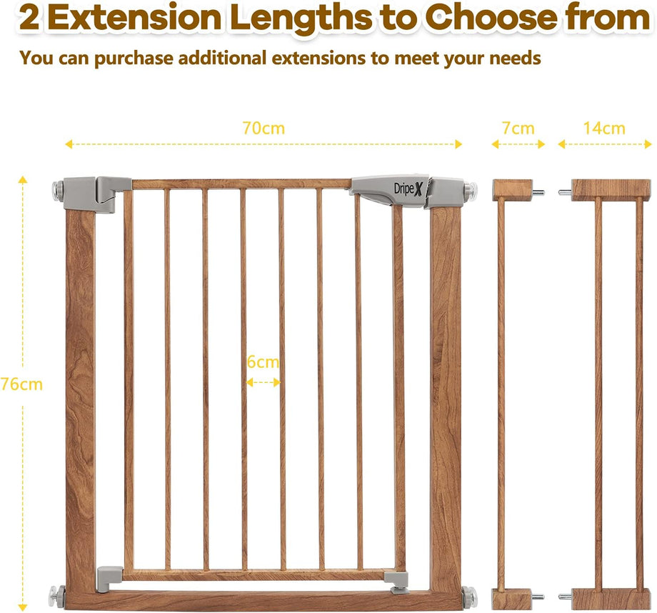 Dripex Stair Gate for Baby and Pet, Safety Pressure Fit, Metal Doors Stairs, Adjustable 75cm - 82cm, Auto Close Gate, One-Handed Operation-Wood Pattern Color