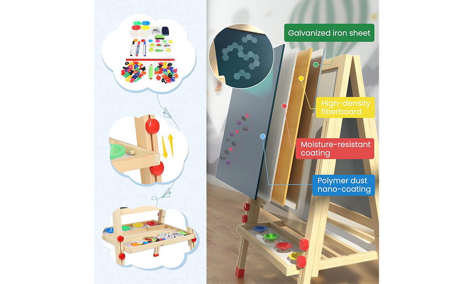Dripex Kid’s Wooden Art Easel, Double-Sided Height Adjustable Painting Blackboard with Magnetic Accessories Chalk and Sponge