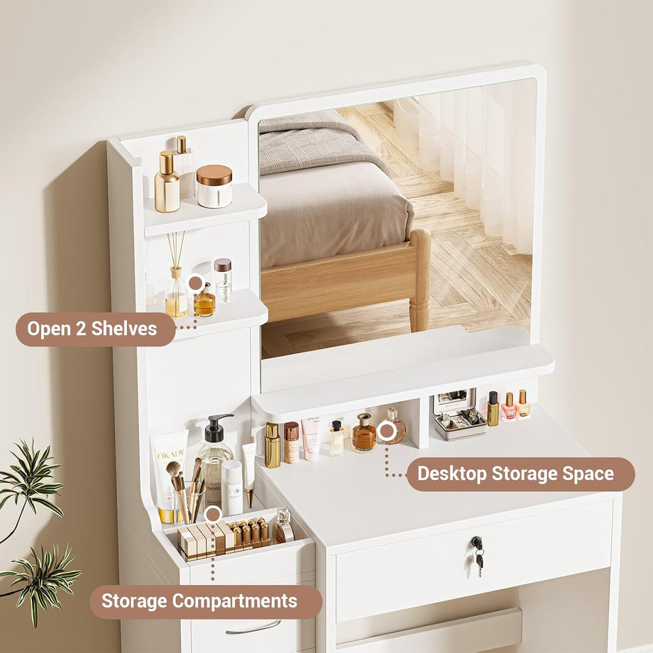 Dripex Dressing Table with Large Mirror, Bedroom Makeup Vanity Desk with Soft Stool, Vanity Desk Set with 2 Drawer, 1 Cabinets, 6 Open Storage Compartments, for Bedroom, White
