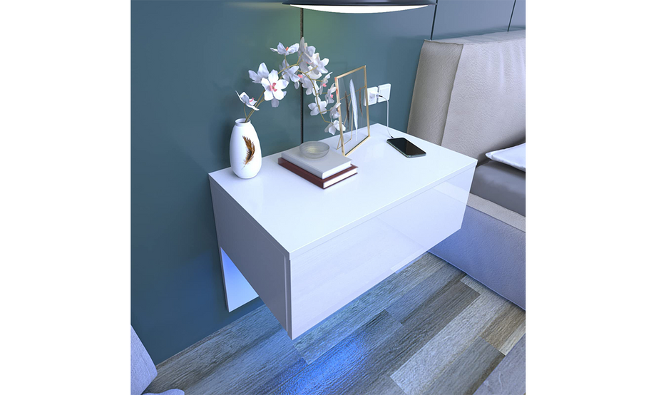 Dripex Floating Bedside Table with Drawer, Wall Mounted Bedside Cabinet with RGB LED Lights, High Gloss Cream White for Bedroom