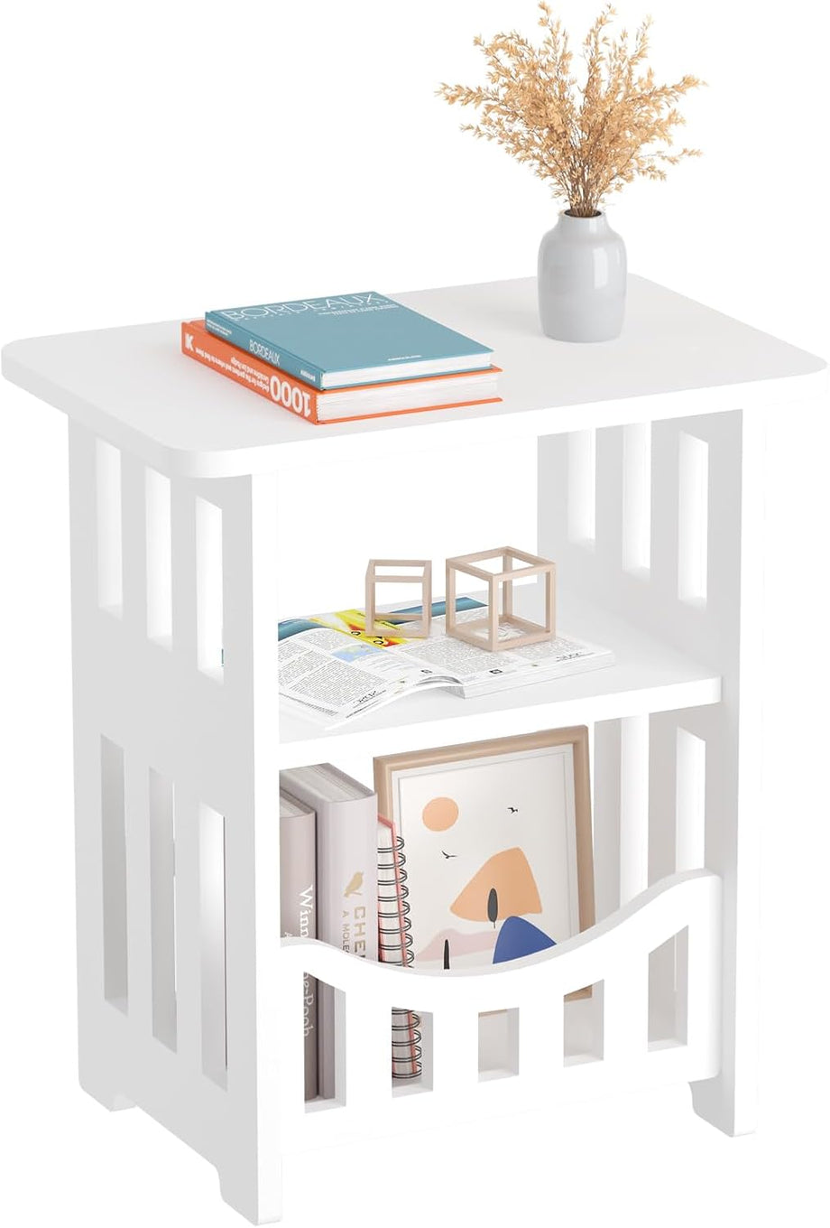 Dripex 3-Tier Side End Table with Storage Shelf Basket, White Small Bedside Table, Slim Narrow Nightstand Small Spaces for Living Room, Bedroom, Bathroom, Balcony