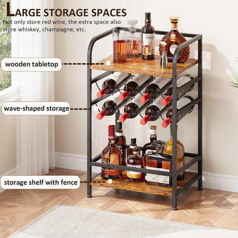 Dripex Wine Rack Free Standing Floor with Storage Shelves, 2-Tier 8 Bottles Wine Display Shelves with Wooden Table Top, Sturdy Metal Bottle Holder for Kitchen Bar Pantry (D43 x W30 x H75cm)