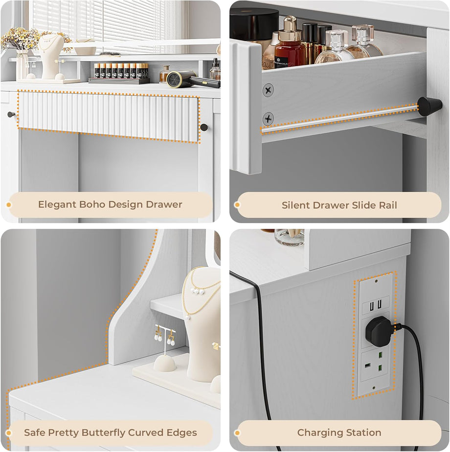 Dripex Dressing Table with Large Mirror and LED Lights, Bedroom Makeup Vanity Desk with Power Strip, 3-Color Dimmable Lights, 1 Drawer, 2 Cabinets, 3 Open Compartments, 110 x 40 x 135cm, White