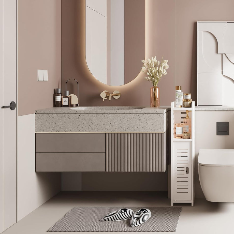 Dripex 4 Tier Bathroom Floor Cabinet, 18W x 20D x 80H cm, Slim White Storage Cabinet with Door, Narrow Free Standing Cupboards Adjustable Shelves for Bathroom or Bedroom
