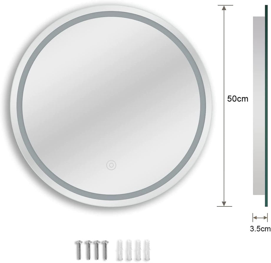 Dripex 500 mm Round Bathroom Mirror with LED Light, Wall Mounted Circle Makeup Mirror with Cold White Light, Anti-Fog, Front+Backlit, IP44
