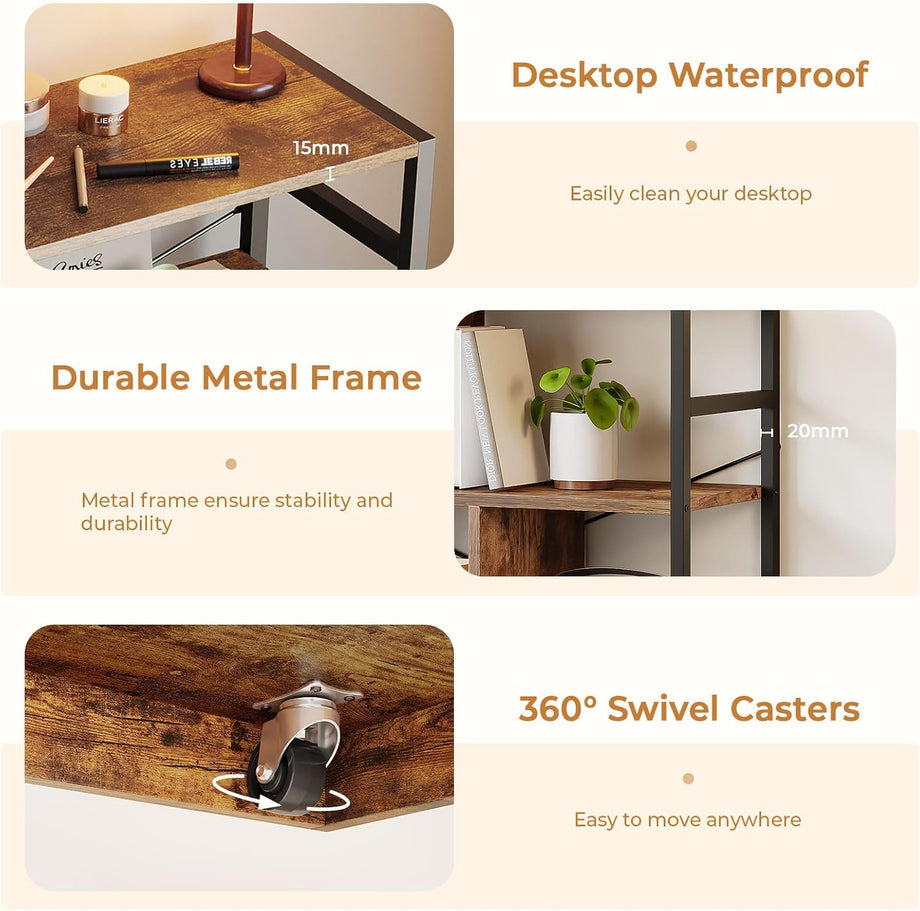 Dripex 4 Tier Wooden Rustic Brown Standing Shelves, 100D x 33W x 90H cm, 5 Compartments & 2 Drawers with Swivel Casters，Display Storage Shelf with Steel Frame, Low Bookcase for Living Room or Office