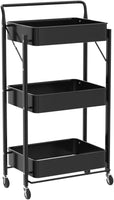 Dripex Foldable Storage Trolley Cart, 3-Tier Metal Rolling Organizer Cart with Casters, Mobile Utility Service Cart for Kitchen Bathroom Office Laundry