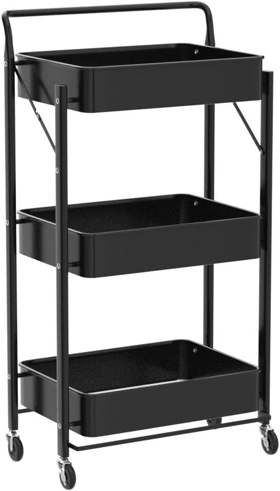 Dripex Foldable Storage Trolley Cart, 3-Tier Metal Rolling Organizer Cart with Casters, Mobile Utility Service Cart for Kitchen Bathroom Office Laundry