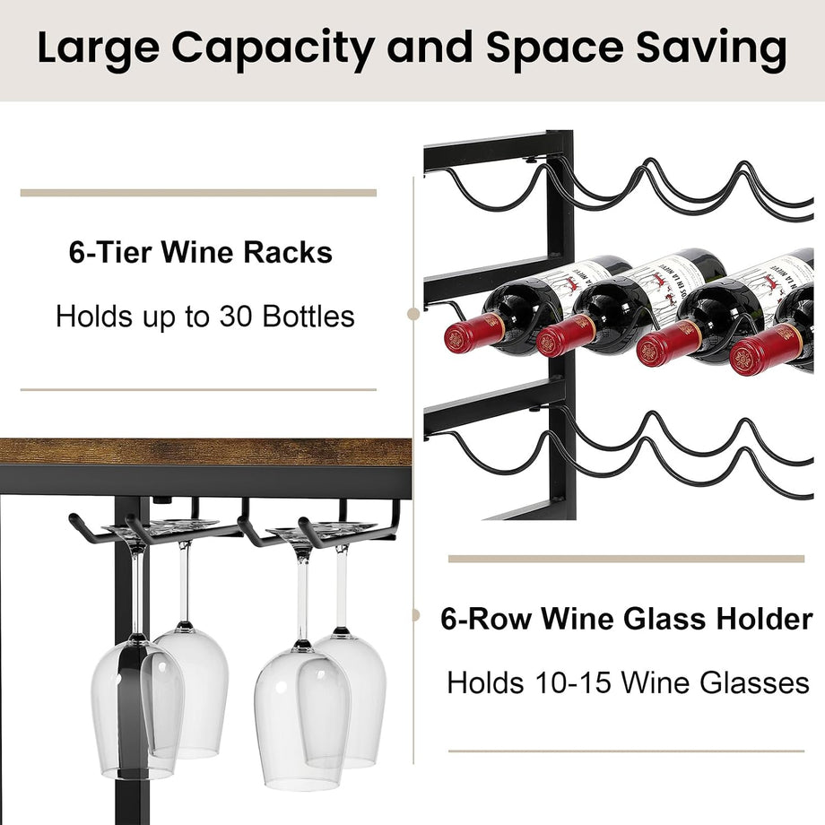 Dripex Wine Rack Free Standing Floor for Liquor and Glasses, 6-Tier Display Wine Bottles Storage Shelves with 2 Tier Wooden Shelves, Sturdy Metal Bottle Holder for Kitchen Bar Pantry